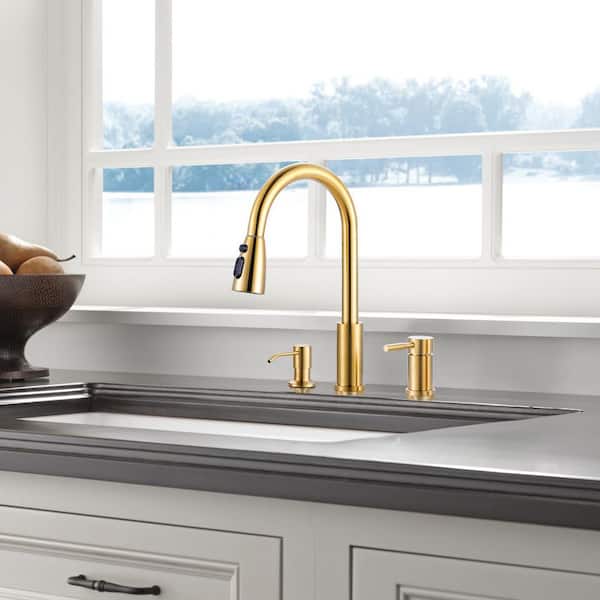 15 in. H Stainless Steel Pull Down Sprayer Kitchen Faucet with Soap Dispenser, 360° Swivel Spout in Brushed Gold