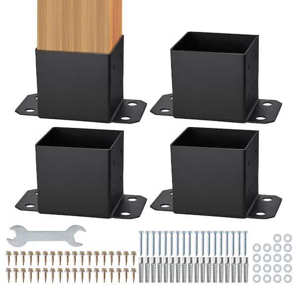 6 x 6 Post Base 4-Pieces, Inner Size 5.6 x 5.6 in. Post Base Brackets, Heavy Duty Powder-Coated Post Anchor Matte Black