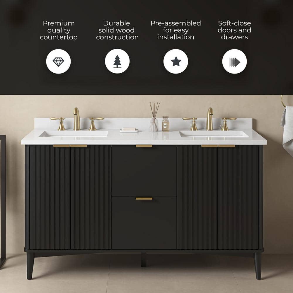 60 in. Onyx Black Double Sink Bathroom Vanity with White Marble Top