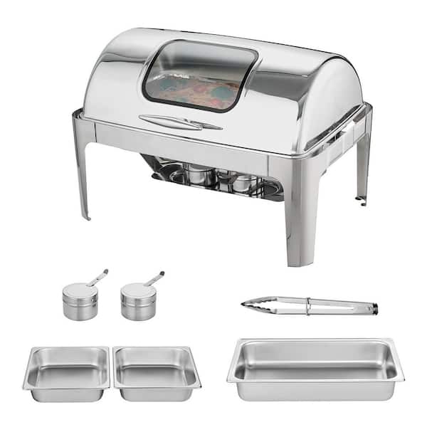 9 Qt. Roll Top Chafing Dish Buffet Set, Stainless Steel Chafer, 2 Half-Size Pans, Visible Lid, Water Pan and Fuel Holder