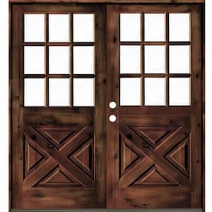 64 in. x 80 in. Knotty Alder 2-Panel Right-Hand/Inswing Clear Glass Red Mahogany Stain Double Wood Prehung Front Door