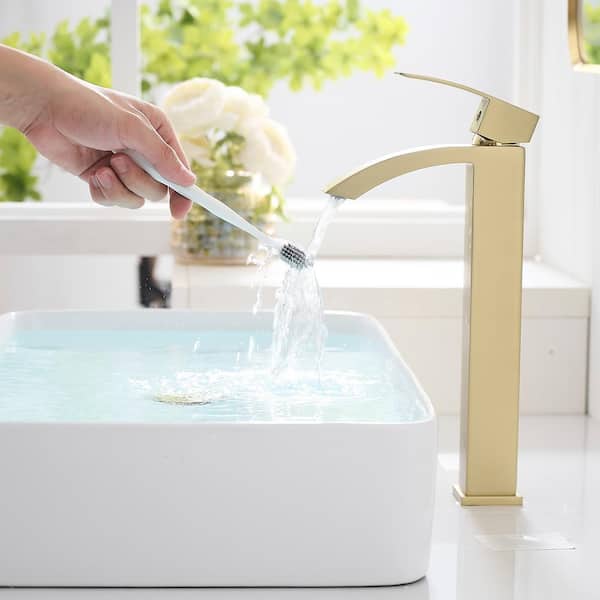 Single Handle Vessel Sink Faucet, Tall Bathroom Sink Faucet in Brushed Gold