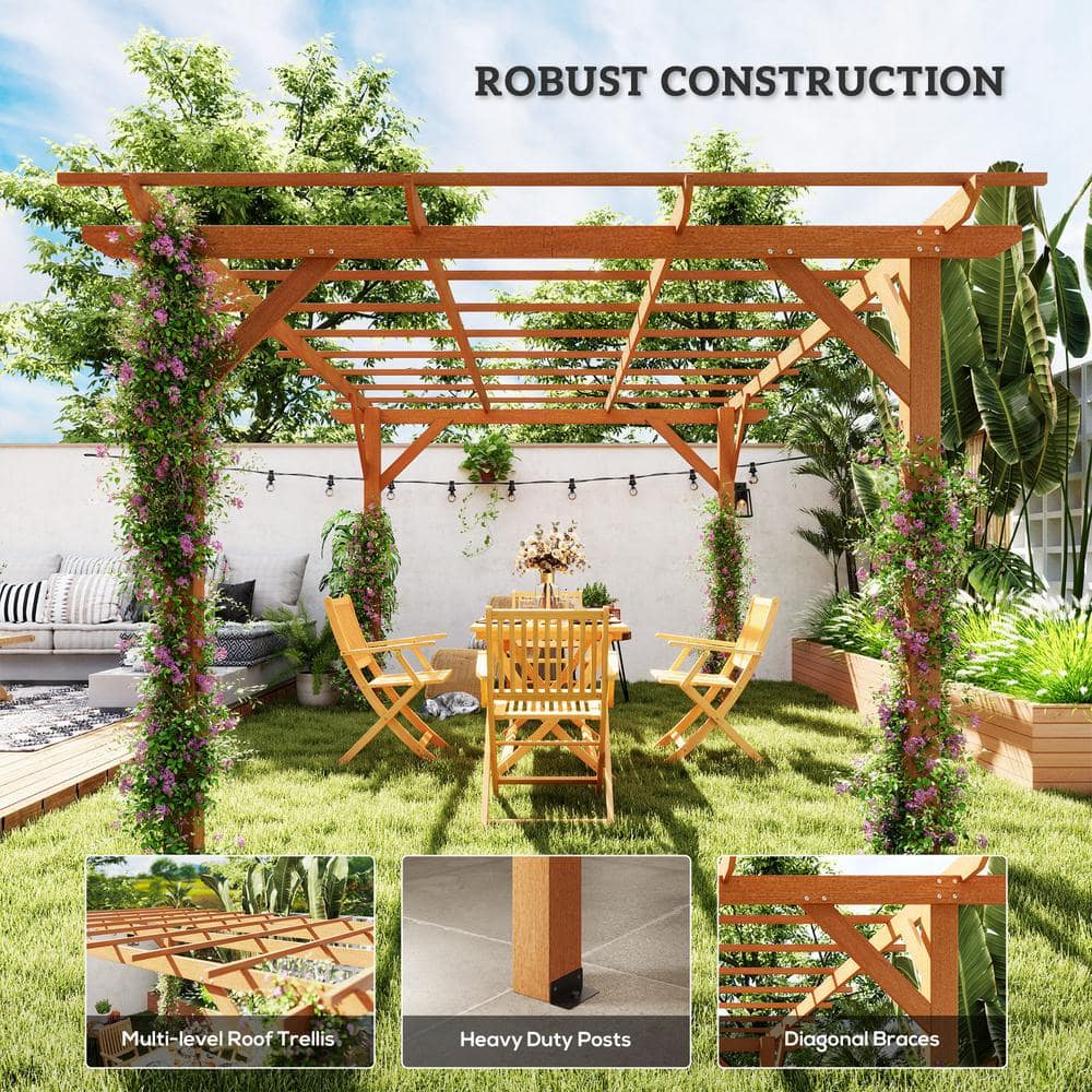 Large Dark Brown Fir Wood Outdoor Pergola with Canopy