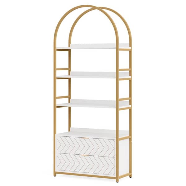 TRIBESIGNS WAY TO ORIGIN Frailey 74.8 in White Gold 4-Tier 2-Drawers Bookcase 4 Open Display Corner Multipurpose Rack