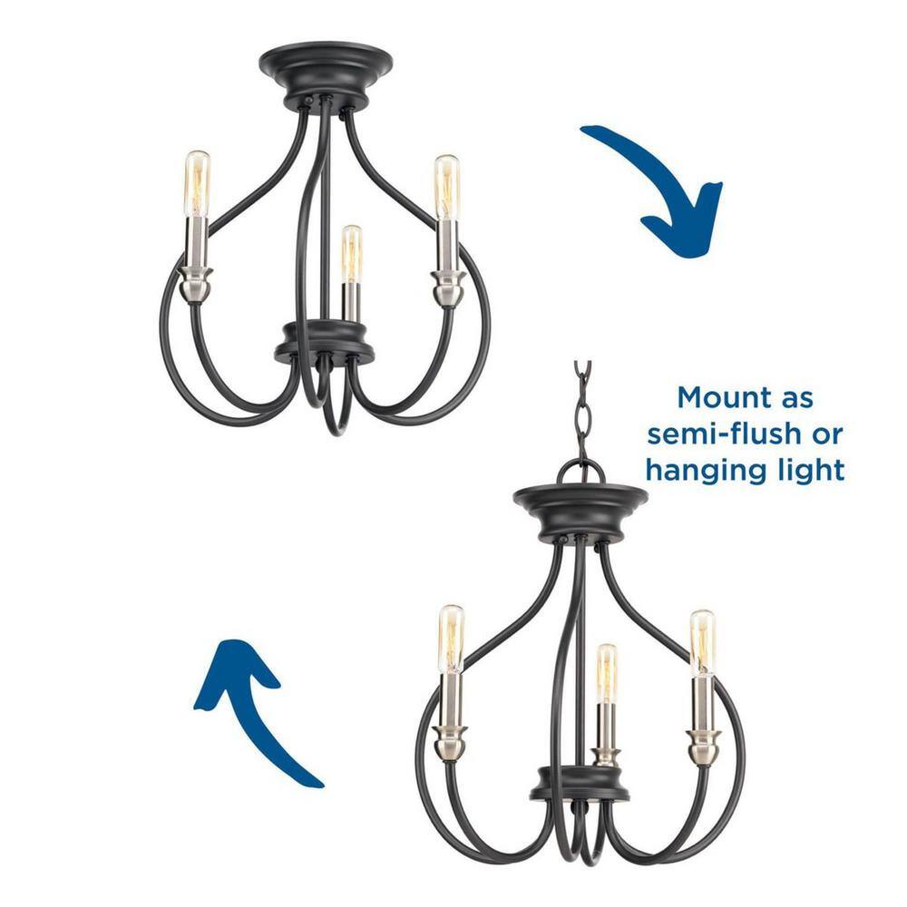 Graphite and Nickel 3-Light Semi-Flush Mount Chandelier