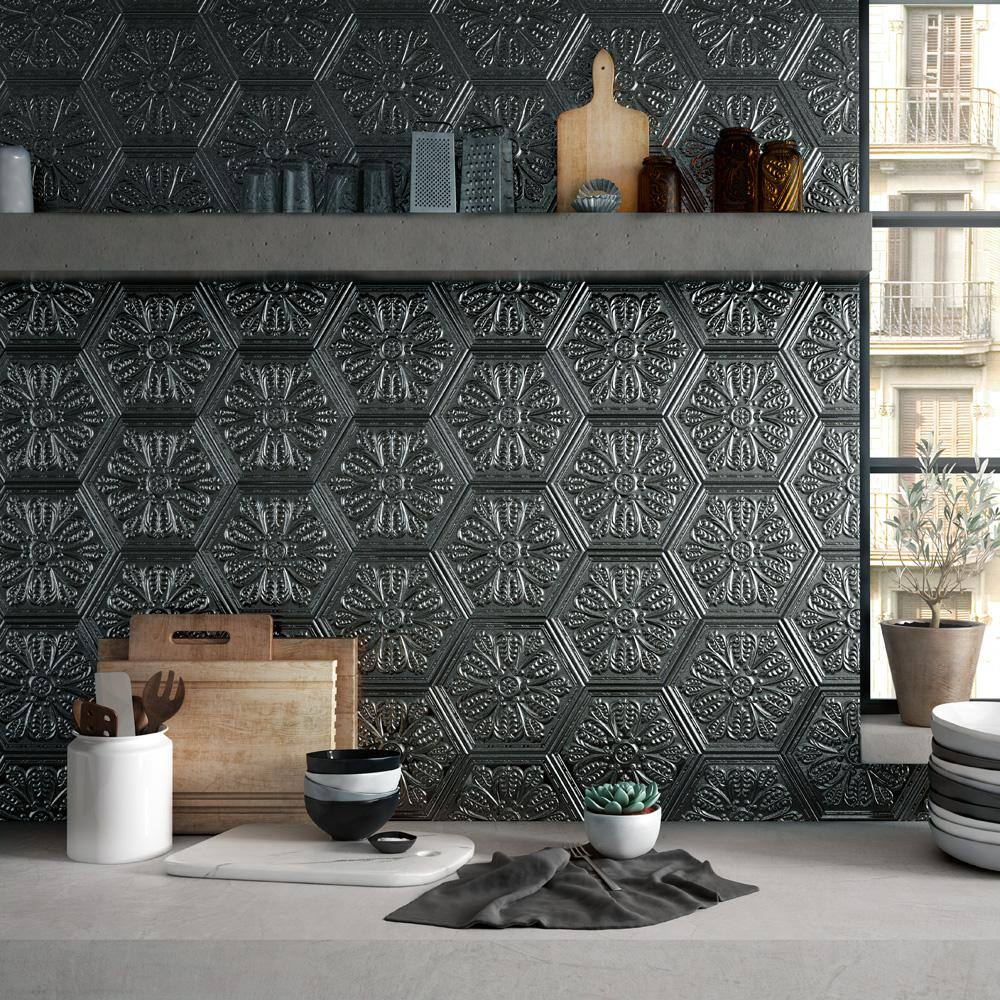 Transitional Glossy Silver Hex Porcelain Tile, 10" x 12"