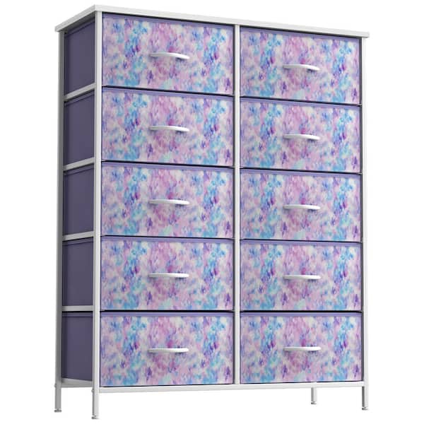 Sorbus 10-Drawer Multi-Colored Tie-Dye Purple Dresser Steel Frame Wood Top Easy Pull Fabric Bins 47 in. H x 34 in. W x 12 in. D