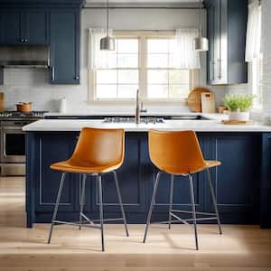 24 in. Whiskey Brown Modern Low Back Metal Counter Stool with Faux Leather Seat, Set of 2