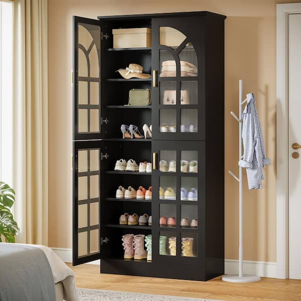 Lauren 68.94 in. H Wooden Black Shoe Storage Cabinet 32-Pairs 8-Tier Racks Organizer Adjustable Shelves Led Lights