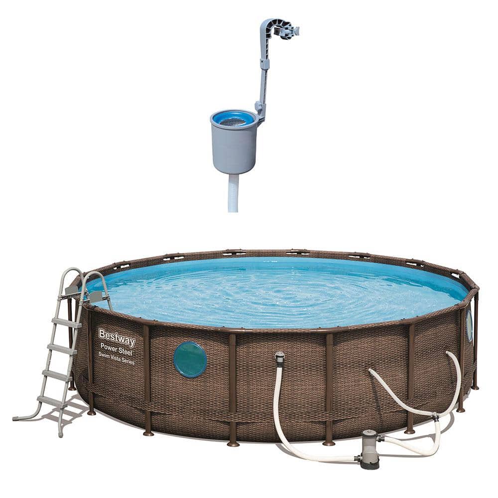 Bestway 16 Steel Home Above Hard ft. Side - D + Vista 58233E-BW Power in. 56726E-BW Ground Depot Skimmer Round Swimming The with Pool Surface 48