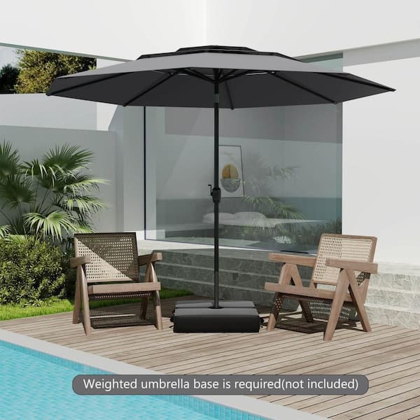 10 ft. Metal Market Tilt 3-tier Vented Patio Umbrella Large Table Umbrella Outdoor Sun Shade in Gray