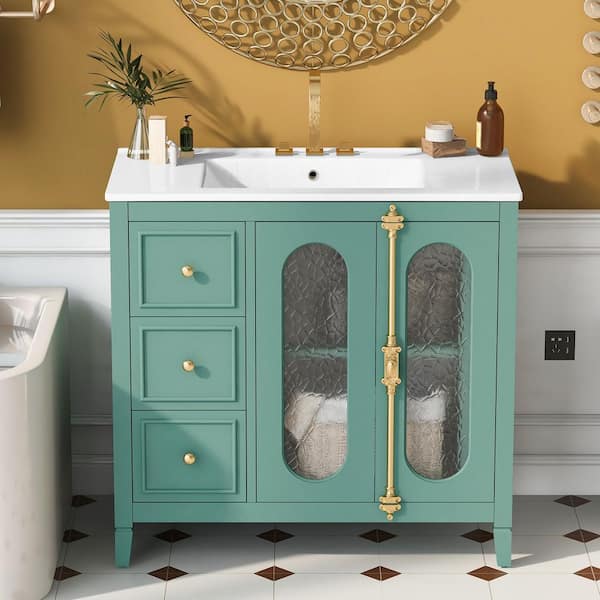 36 in. Freestanding Lake Green Bath Vanity with White Ceramic Top 2 Soft-close Doors and 3 Drawers