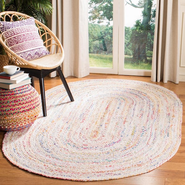 Braided Ivory/Multi 8 ft. x 10 ft. Oval Border Area Rug