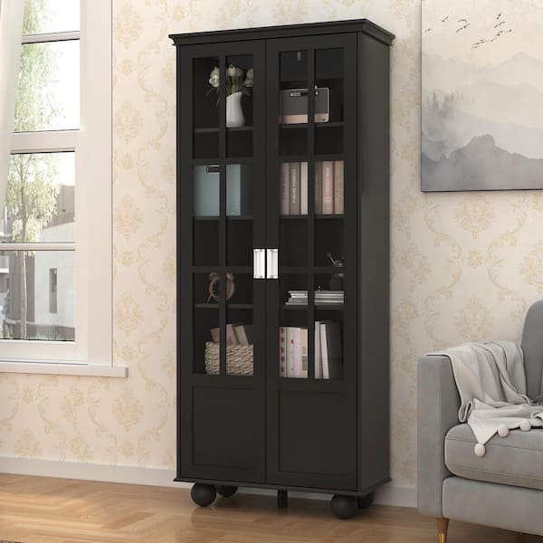 FUFU&GAGA Black Cabinet, Bookcase with Ball-Shape Legs, 5-Tier Shelves and Visable Doors