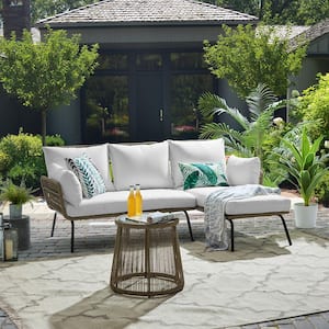3-Piece L-Shaped Rattan Outdoor Patio Sectional Furniture Set with White Cushioned Seat and Table