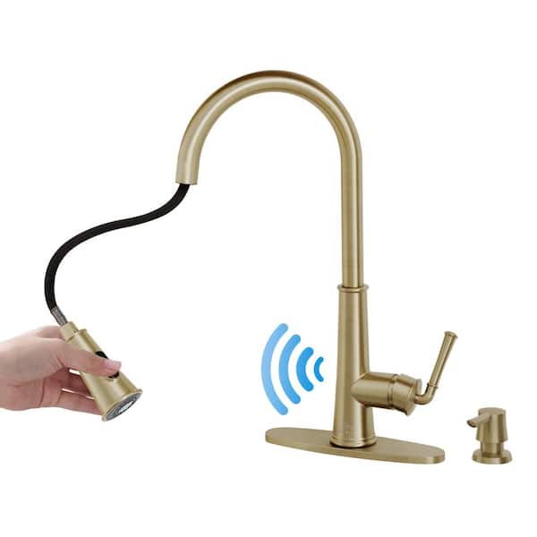 CASAINC Single-Handle Pull Down Sprayer Kitchen Faucet with Touchless Sensor, LED, Soap Dispenser and Deckplate in Brushed Gold