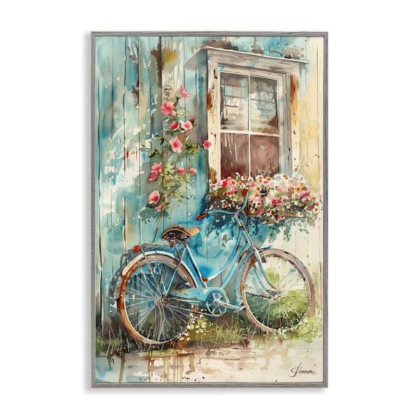 Stupell Industries Leaning Spring Bicycle by Franklyn Gregory Gray Framed Typography Giclee Art Print 30 in. x 20 in.