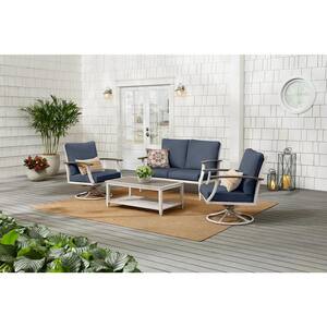 Marina Point 4-Piece White Steel Outdoor Patio Conversation Seating Set with CushionGuard Sky Blue Cushions