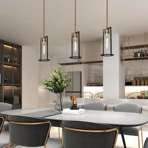 Modern 1-Light Black and Brass Island Pendant Light with Bottle Clear Glass Shade Foyer Hanging Light, LED Compatible