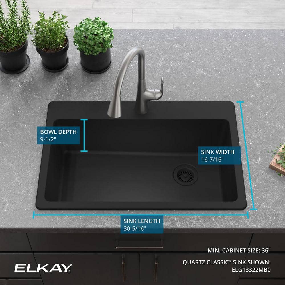 Matte Black Quartz Single Bowl Drop-In Sink, 33 x 22 Inches