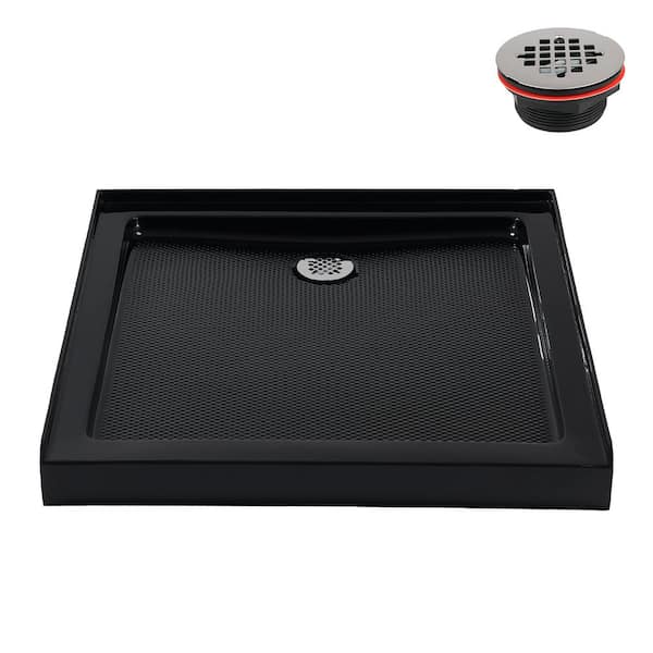 36 in. L x 36 in. W Alcove Acrylic Shower Pan Base in Glossy Black with Center Drain, Drain Included