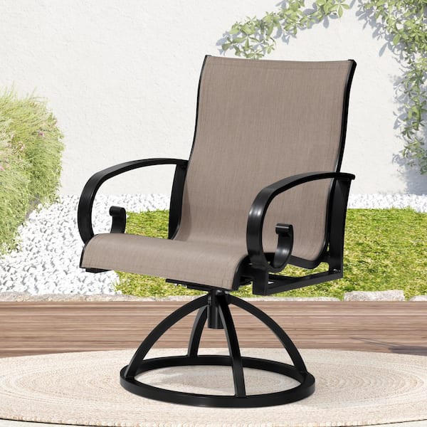Black Finish Swivel Sunbrella Textilene Sling Steel Aluminum Frame Outdoor Dining Chair in Augustine Ashe Set of 8