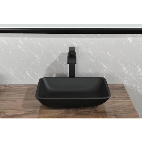 Unbranded Handmade Countertop Matte Black Glass Rectangular Bathroom Vessel Sink with Faucet and Pop-Up Drain