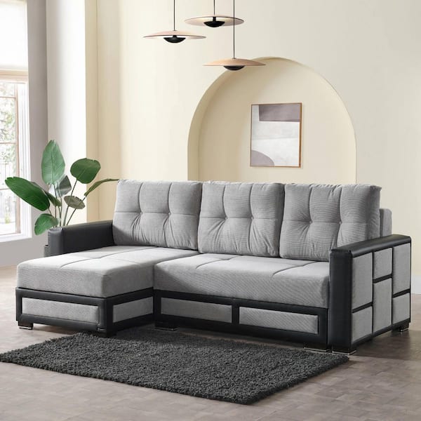 Loft Convertible 63 in. 2 Piece Chenille L-Shaped Sectional Sofa in Silver, Reversible Chaise 3-Seater with Storage
