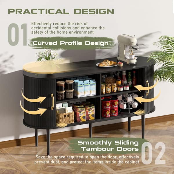 55 in. Sideboard Buffet Accent Cabinet with Sliding Tambour Door, Shelves, and Curved Side Cabinet in Black