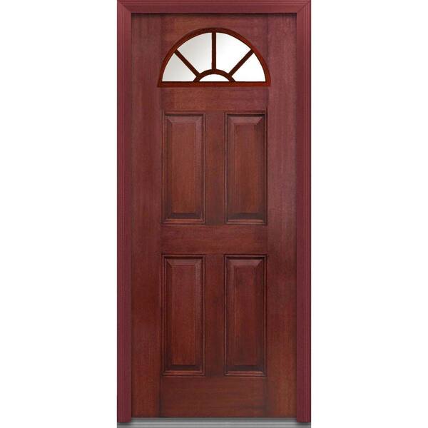 MMI Door 36 in. x 80 in. Right-Hand Inswing 1/4-Lite Clear 4-Panel Classic Stained Fiberglass Mahogany Prehung Front Door