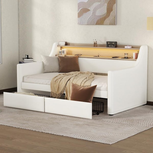 Harper & Bright Designs White Wood Twin Size PU Leather Upholstered Daybed with 2-Drawer, LED Lights, 2-Shelves, USB Charging, Nailhead Trim