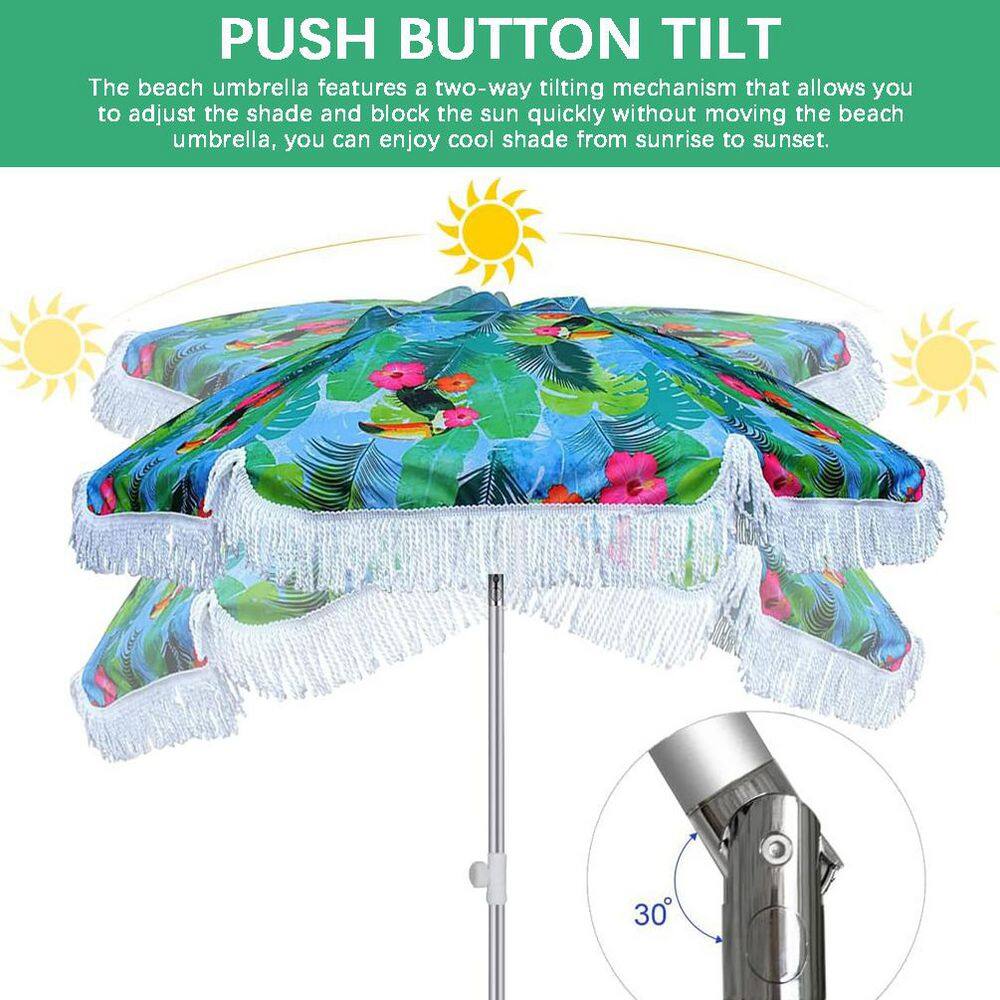 6.5ft Blue Polyester Beach Umbrella with Fringe and Metal Pole