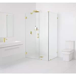34.5 in. W x 34 in. D x 78 in. H Pivot Frameless Corner Shower Enclosure in Polished Brass Finish with Clear Glass