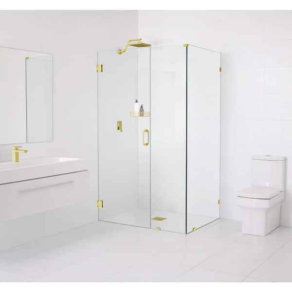 Glass Warehouse 59 in. W x 36 in. D x 78 in. H Pivot Frameless Corner Shower Enclosure in Polished Brass Finish with Clear Glass