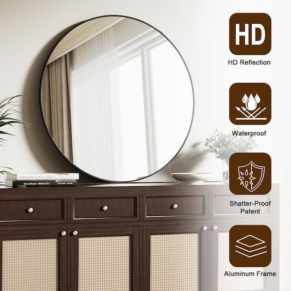 24 in. W x 24 in. H Round Modern Black Aluminum Framed Bathroom Mirror Wall Mirror