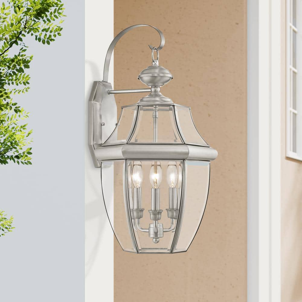 Elegant Brushed Nickel 3-Light Outdoor Wall Lantern with Clear Beveled Glass