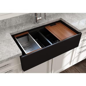 Step-Rim Matte Black Fireclay 36 in. Double Bowl Farmhouse Apron Front Workstation Kitchen Sink w/ Accessories