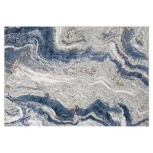 Marble Collection Blue 2x7 Modern Abstract Polypropylene Area Rug