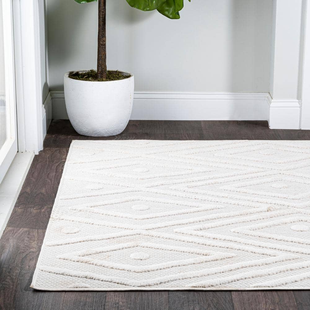 Ivory Geometric Flat Woven Synthetic Rectangular Rug