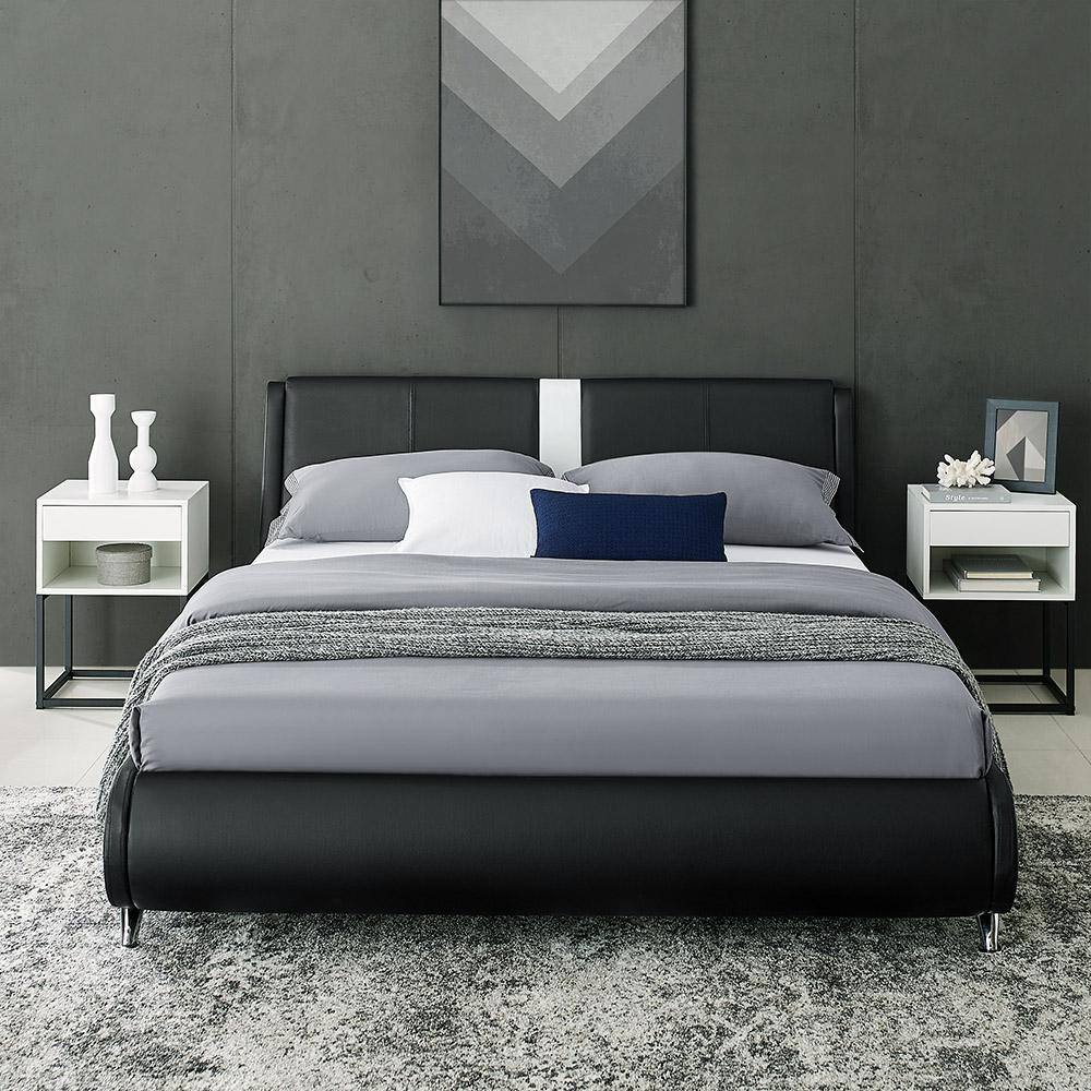 Black Faux Leather Queen Platform Bed with Tufted Headboard