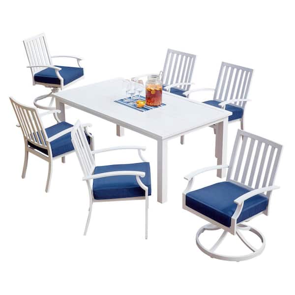 White Aluminum Outdoor Dining Set, Royal Blue Dining Room Chair Cushions Set
