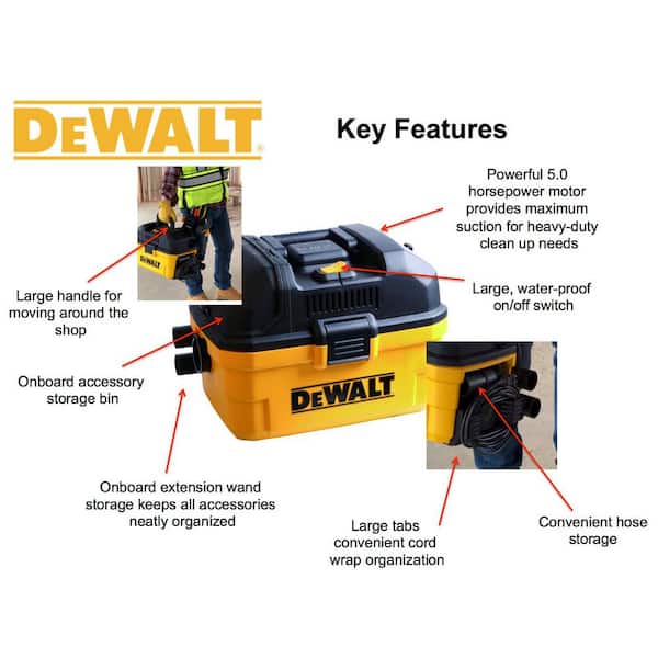 DEWALT Portable Gallon Wet/Dry Vaccum, Yellow Workshop Wet/Dry Vacs Vacuum  Accessories WS17854A 1-7/8-Inch Shop Vacuum Attachment Kit For Use With 