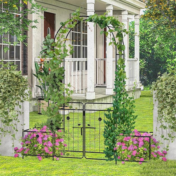 87 in. Metal Garden Arbor Arched Lockable Gate Top Arbor Trellis with Side Planters