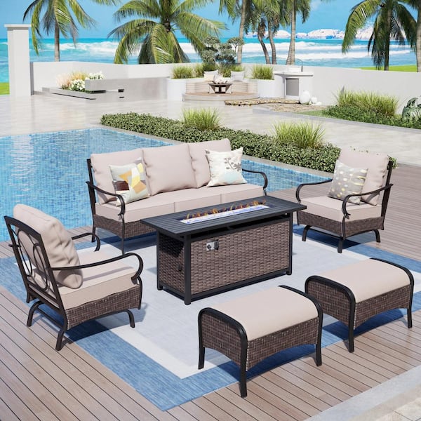 PHI VILLA Metal Frame Dark Brown Rattan 6-Piece Steel Outdoor Fire Pit Patio Set with Beige Cushions, Rectangular Fire Pit Table