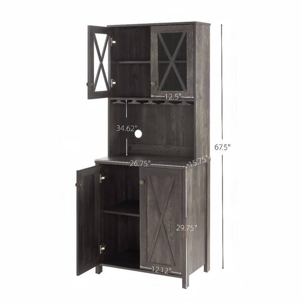 FUNKOL 26.89inx15.87inx67.3in Charcoal Gray Minimalist MDF Ready to Assemble Kitchen Cabinet with Wine Rack and 2 Glass Doors