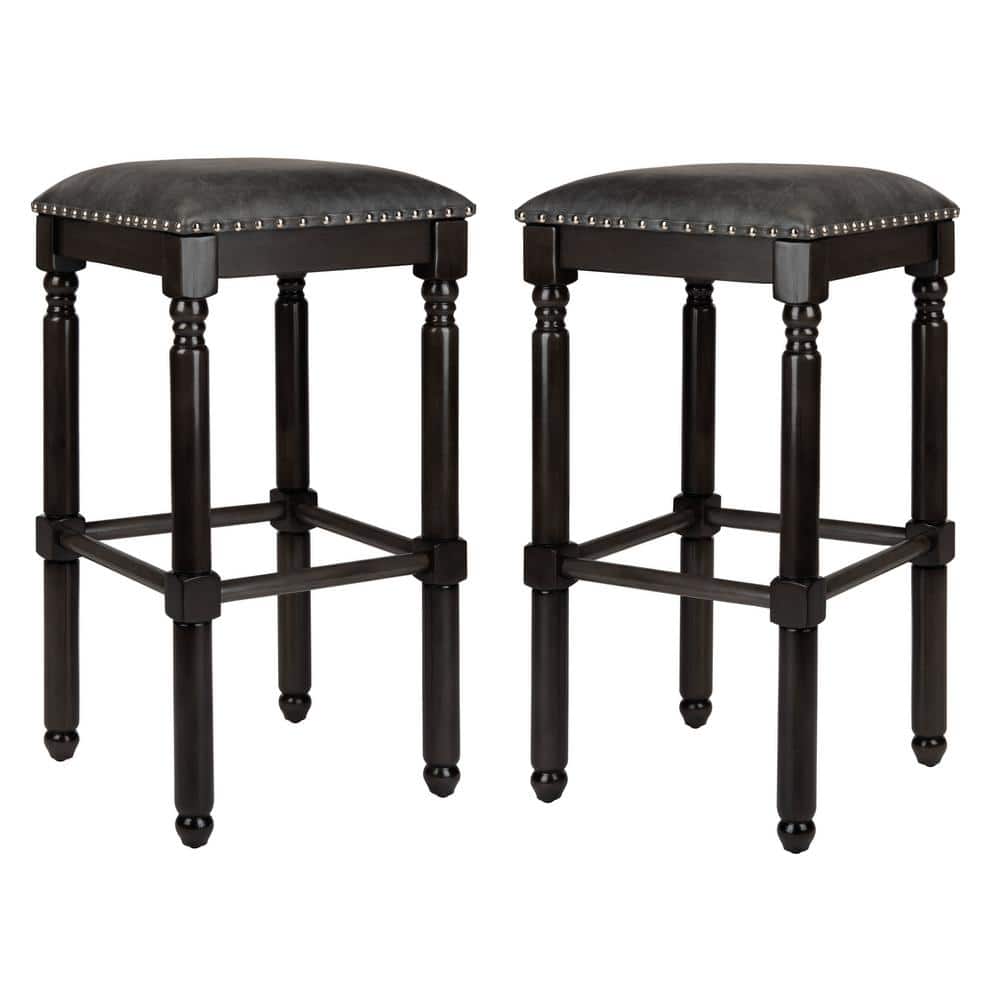 Preston Gray Walnut Backless Bar Stools with Nailhead Trim, Set of 2