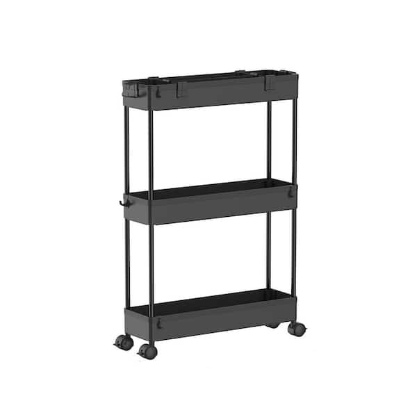 3-Tier Black Slim Plastic Storage Cart with Wheels for Bathroom, Kitchen, Laundry Room, Office