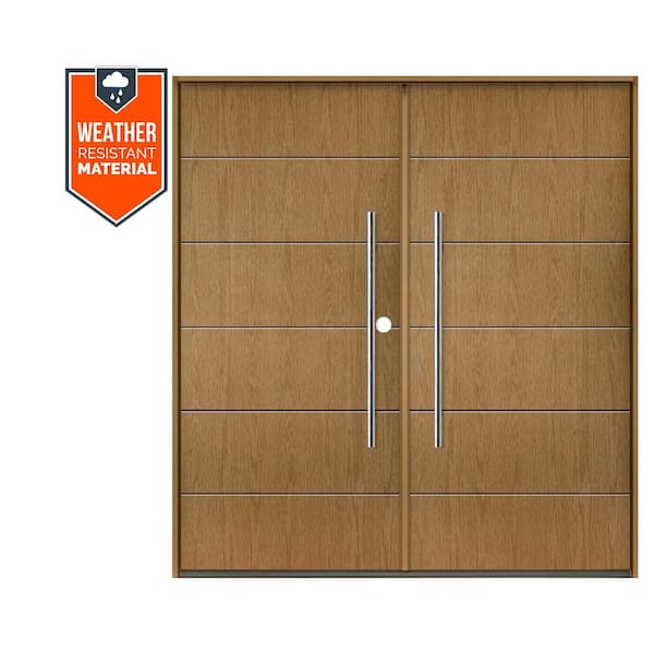 TETON Modern Faux Pivot 72 in. x 79 in. Left-Active/Inswing Bourbon Stain Double Fiberglass Prehung Front Door