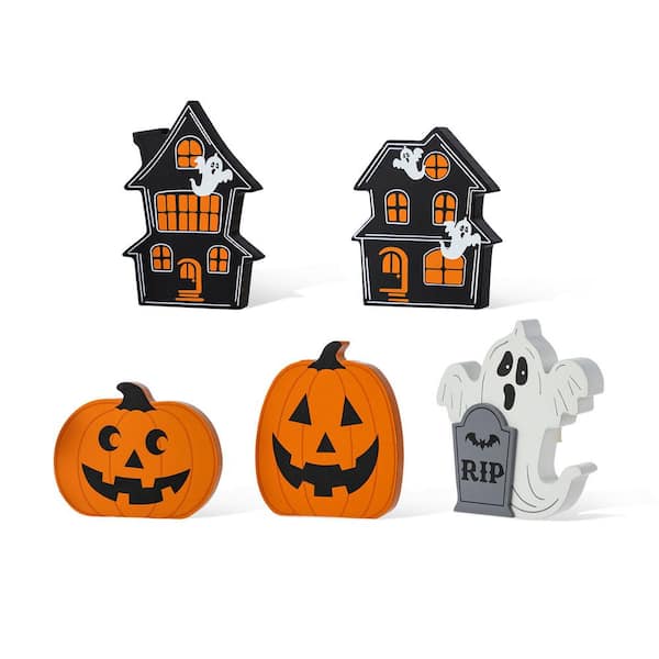 S/5 Halloween Wooden Haunted House, Pumpkin and Ghost Table Block Set