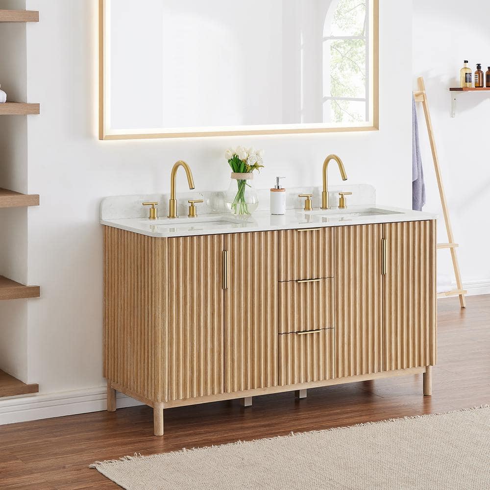 Sierra 60" Washed Light Brown Double Vanity with Engineered Stone Top